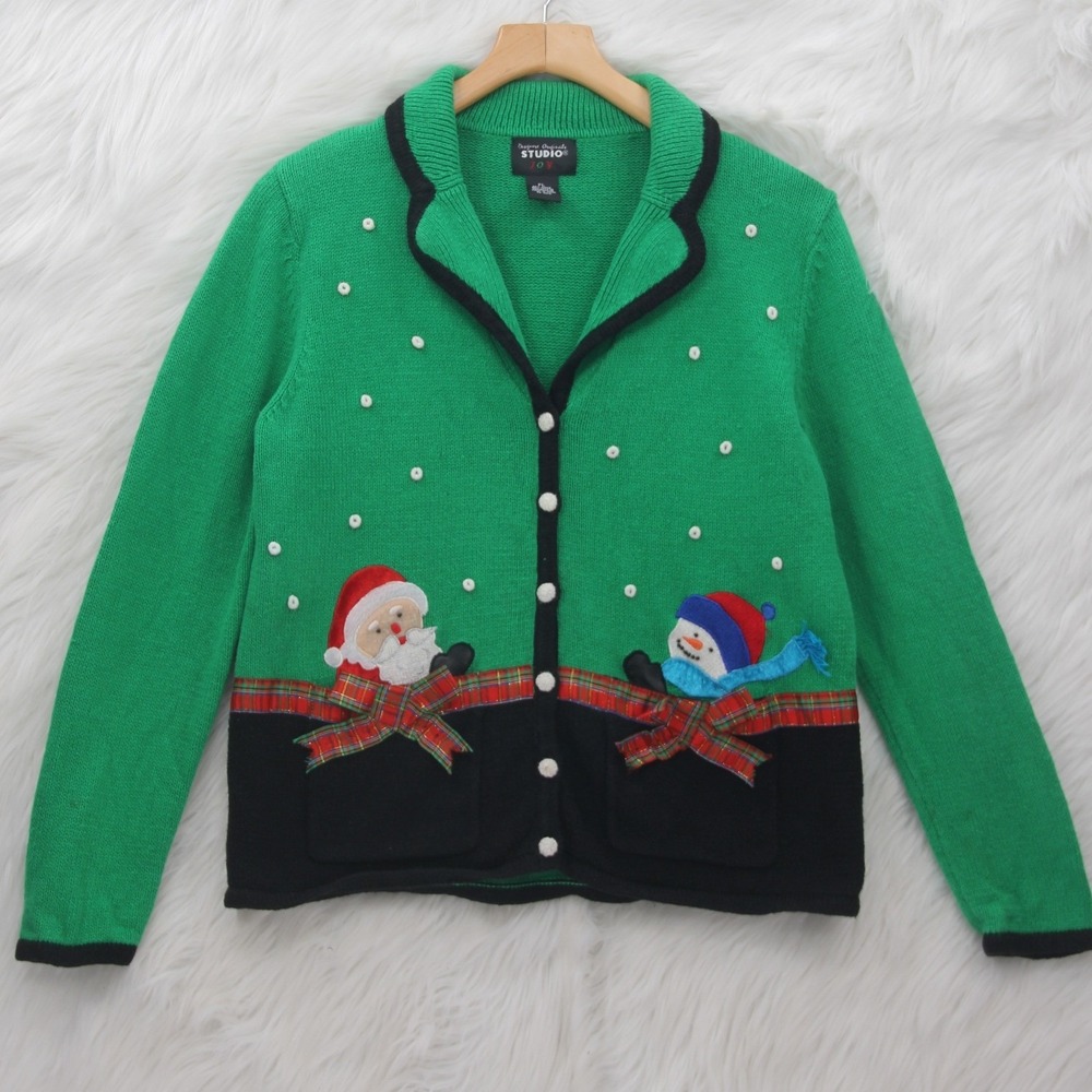Vtg Designer Originals Studio Christmas Cardigan Sweater PL Santa Snowman 90's